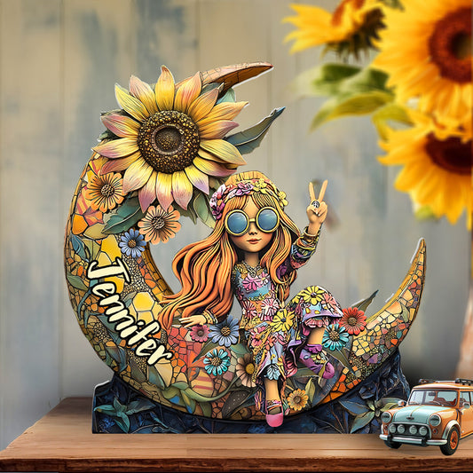 Lune florale colorée - Plaque acrylique personnalisée de style hippie - Forme personnalisée