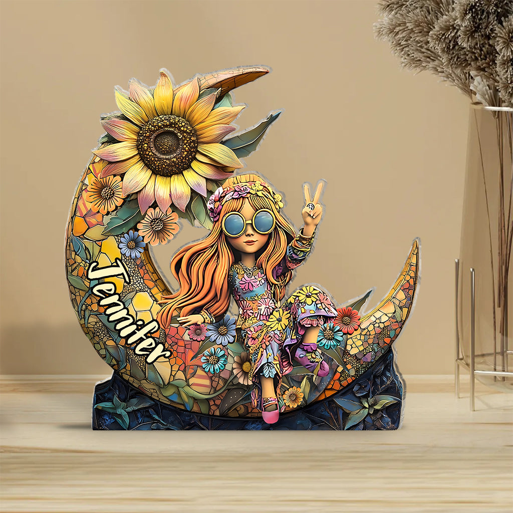 Colorful Floral Moon - Personalized Hippie Custom Shaped Acrylic Plaque