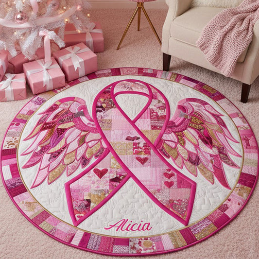 The Breast Cancer Ribbon Quilted - Personalized Breast Cancer Awareness Round Rug