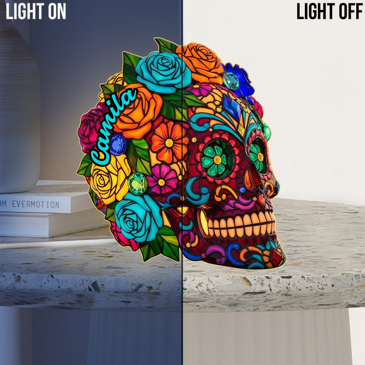 Magnifique crâne de sucre - Veilleuse LED personnalisée en acrylique avec crâne de sucre
