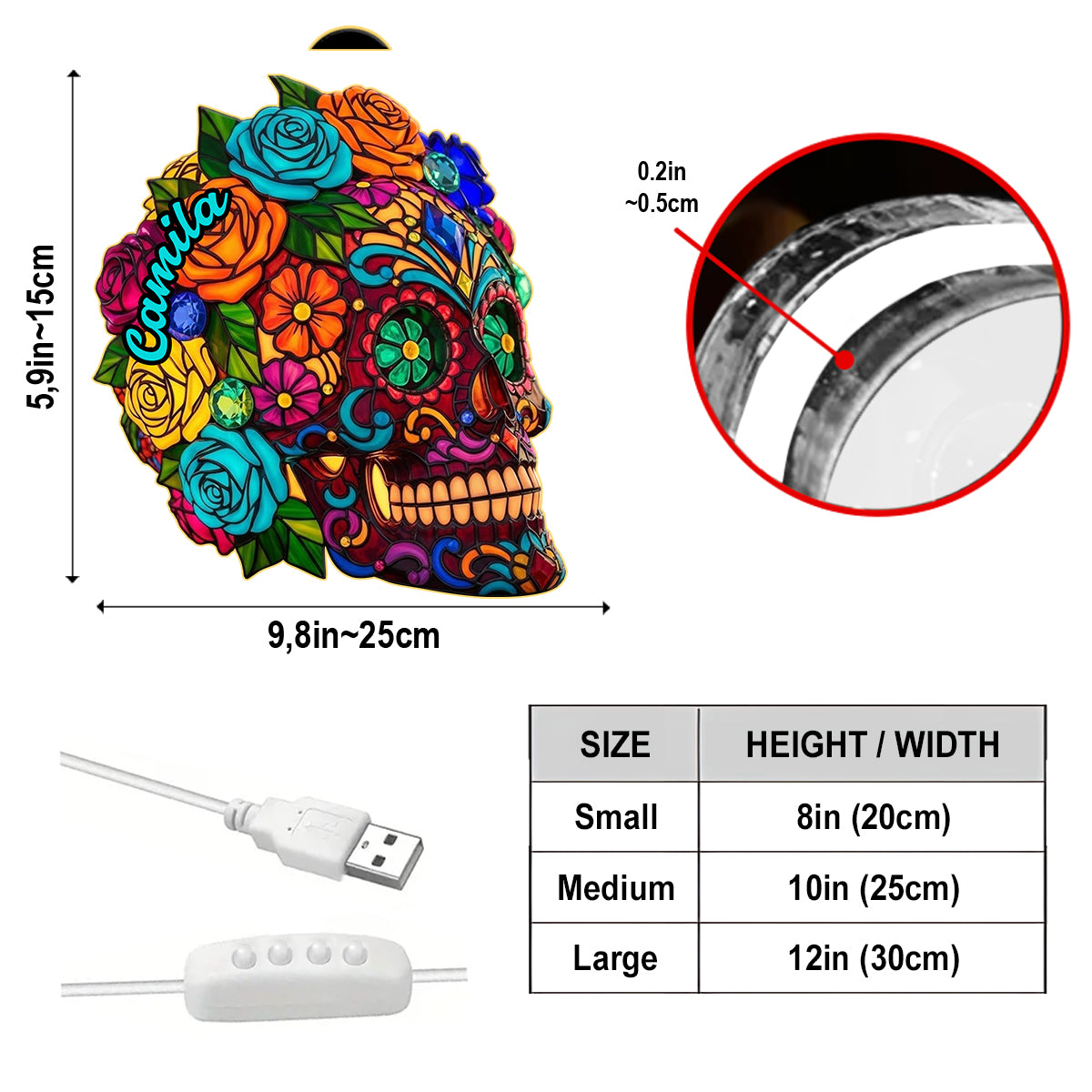 Magnifique crâne de sucre - Veilleuse LED personnalisée en acrylique avec crâne de sucre