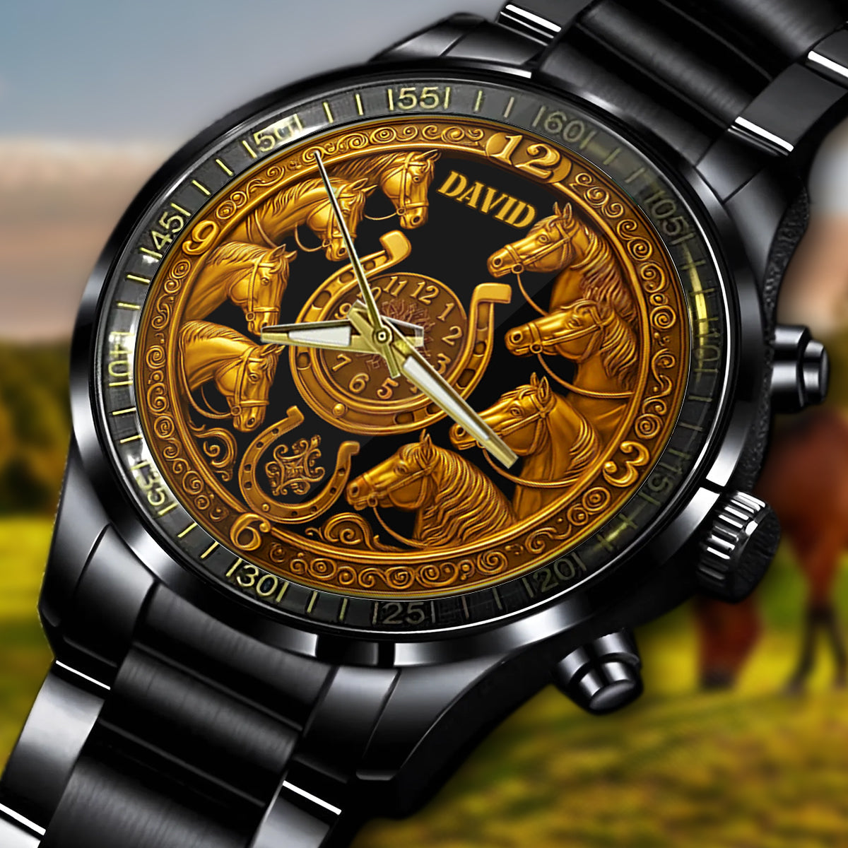 Golden Horse - Montre-bracelet personnalisée à motif cheval