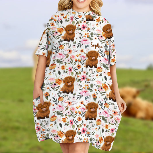 Robe T-shirt de nuit personnalisée à motif vache des Highlands fleurie