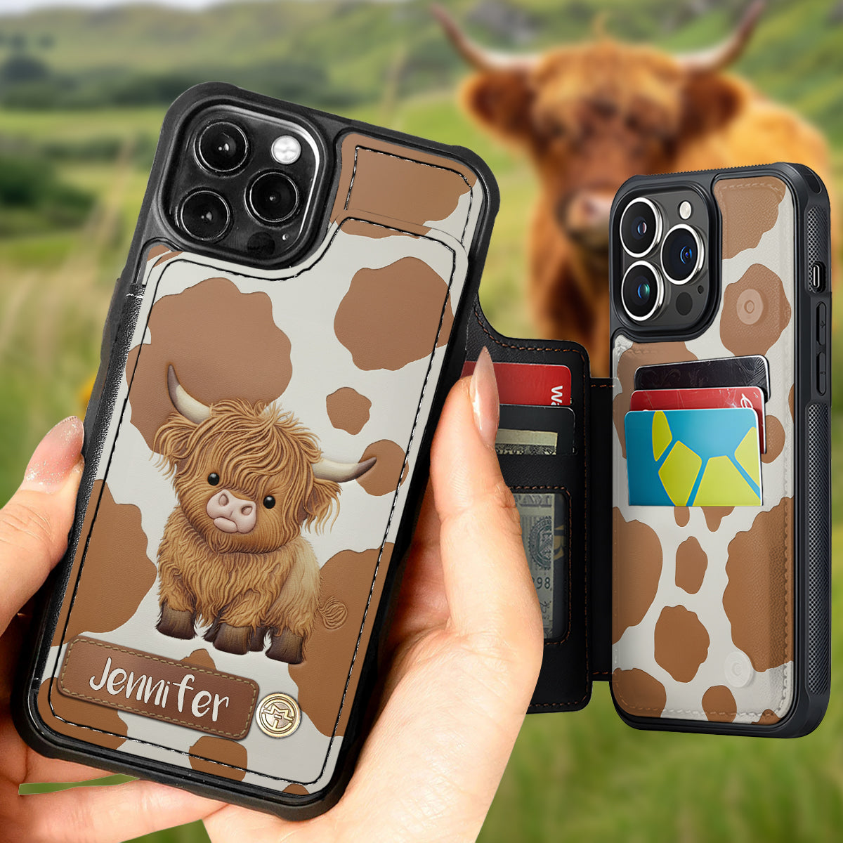 Étui portefeuille personnalisé pour téléphone avec motif vache des Highlands - J'adore les vaches des Highlands