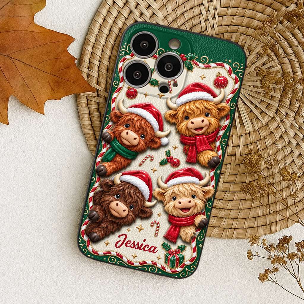 Merry Christmas Cute Highland Cows - Personalized Highland Cow 3D Embossed Leather Phone Case