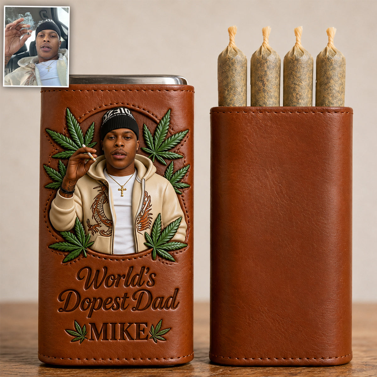 Cannabis Enthusiast, Le Meilleur Papa du Monde - Étui à Pré-rouler en Cuir Personnalisé