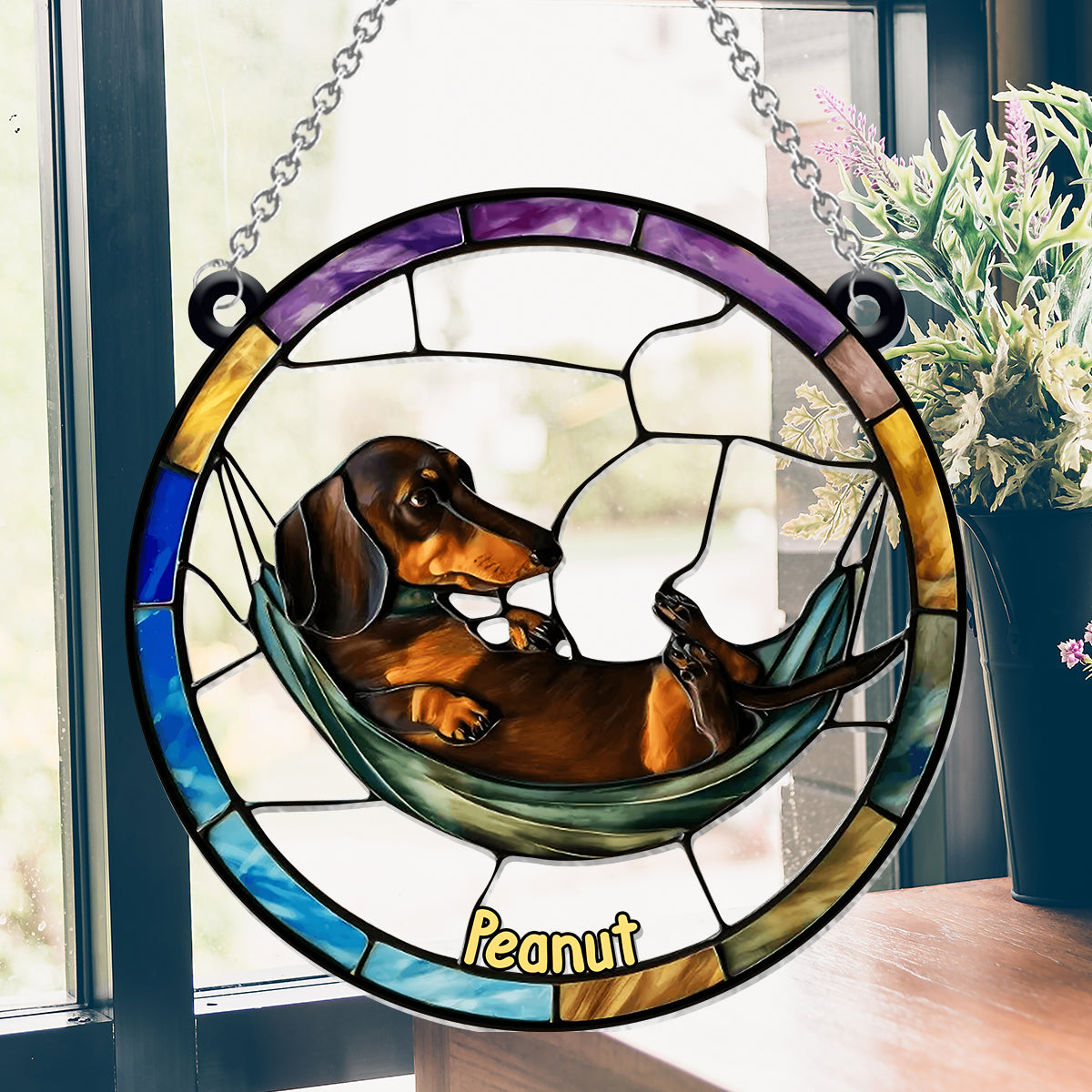 Cute Dachshund - Personalized Dog Window Hanging Suncatcher Ornament