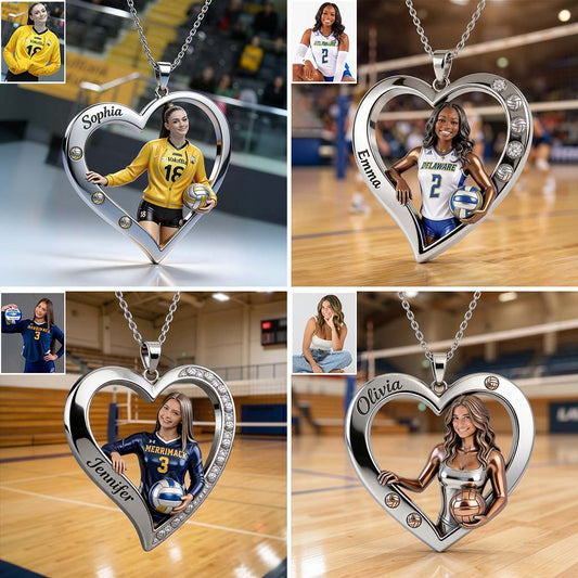 Volleyball Player Heart - Personalized Volleyball Shaped Metal Pendant Necklace