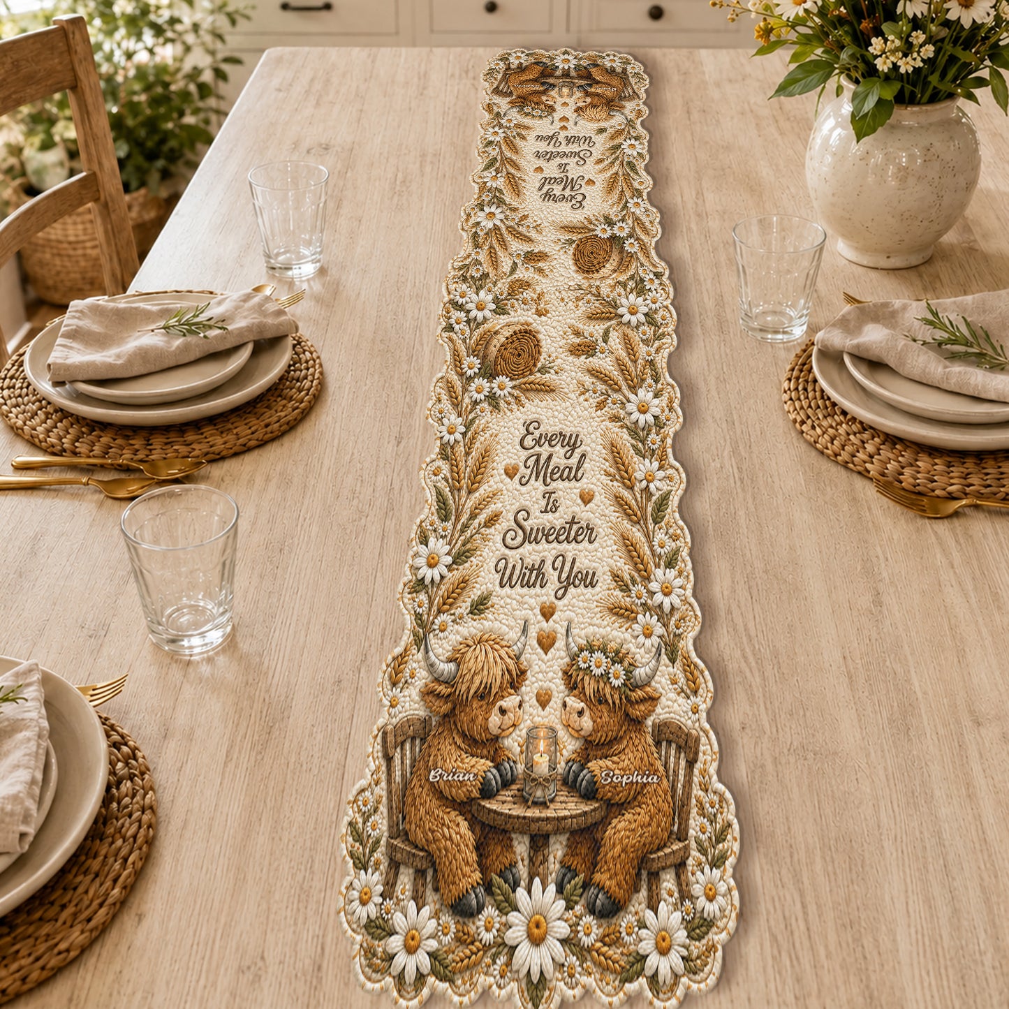 Every Meal Is Sweeter With You - Personalized Highland Cow Table Runner Custom Shape