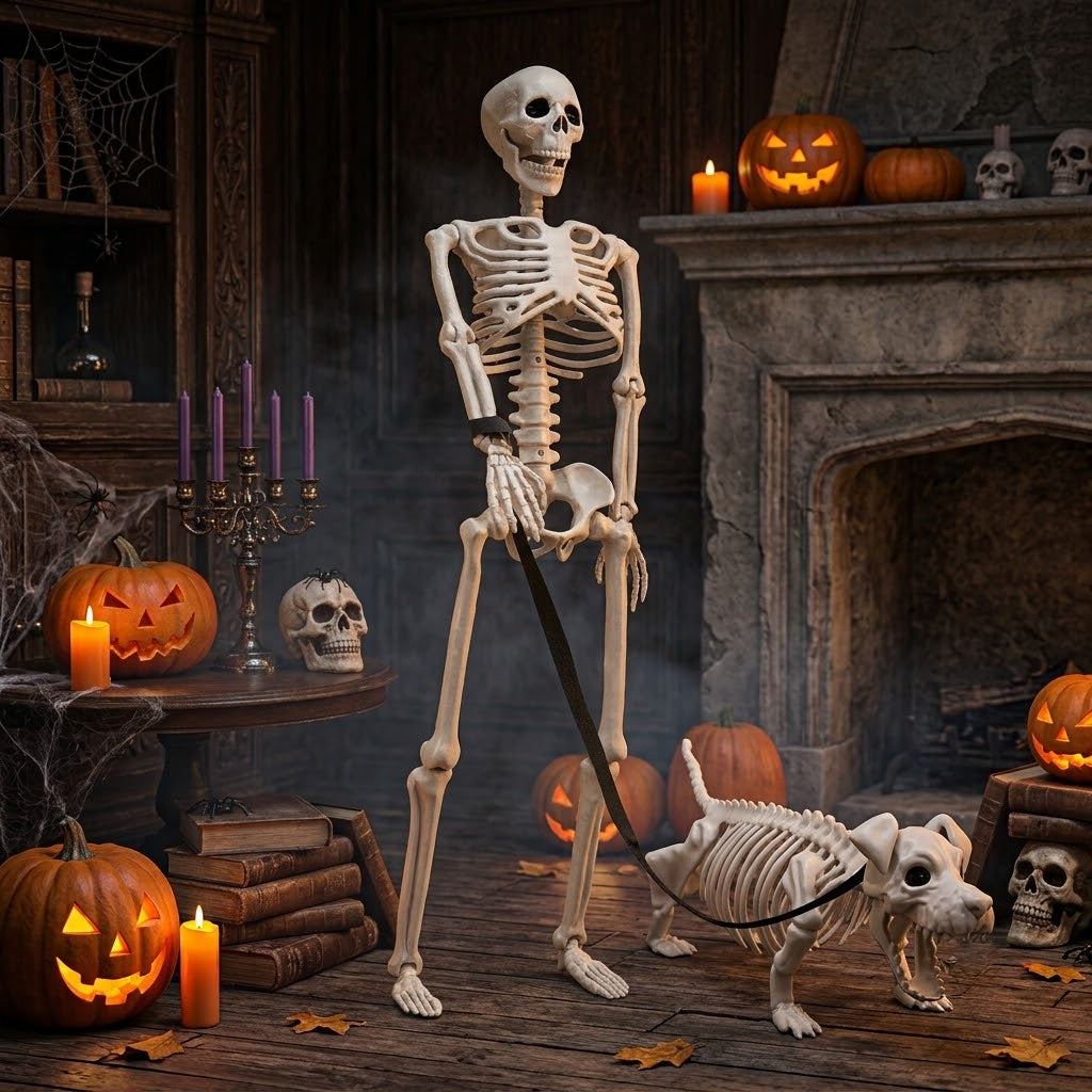 Lighted Human & Dog Skeleton Outdoor Statue