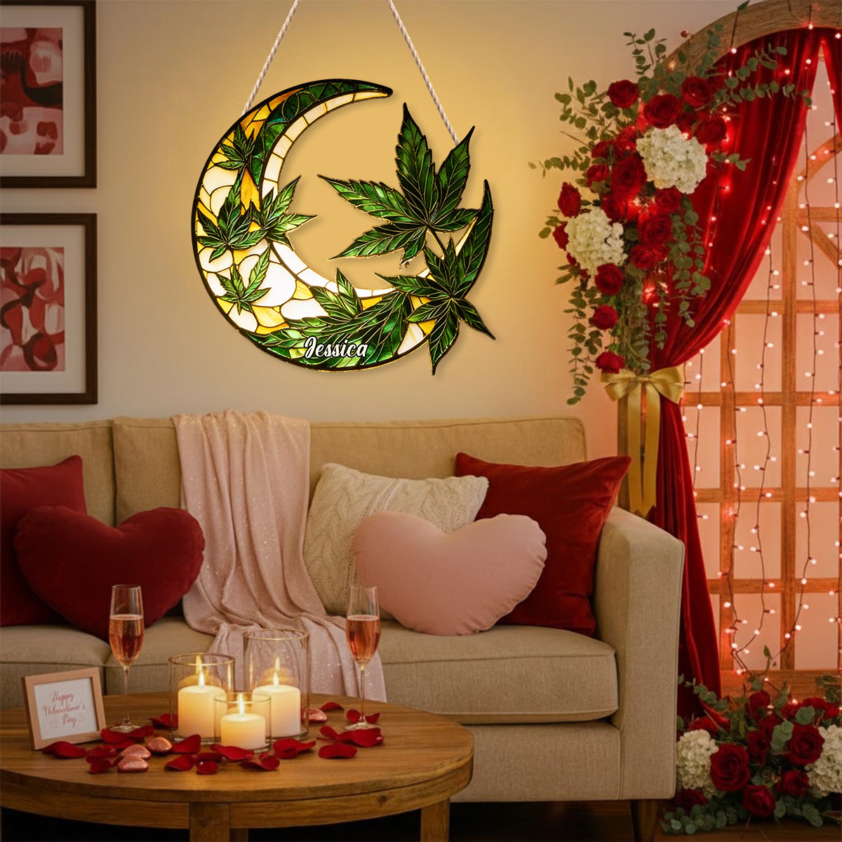 Panneau lumineux LED personnalisé « Lune et feuilles » en acrylique