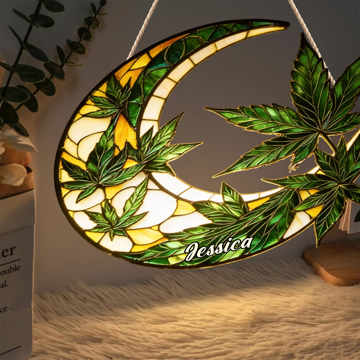 Panneau lumineux LED personnalisé « Lune et feuilles » en acrylique
