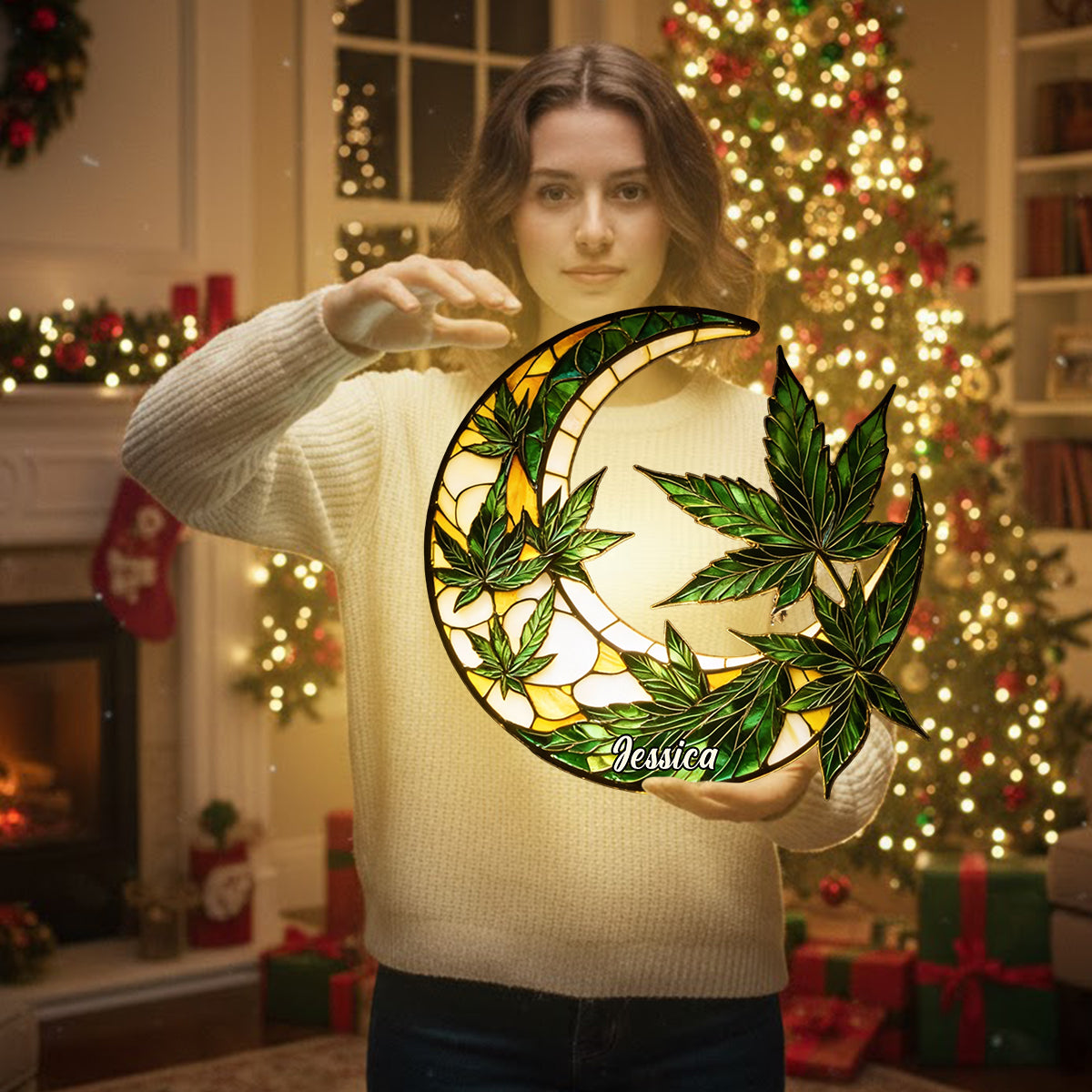Panneau lumineux LED personnalisé « Lune et feuilles » en acrylique