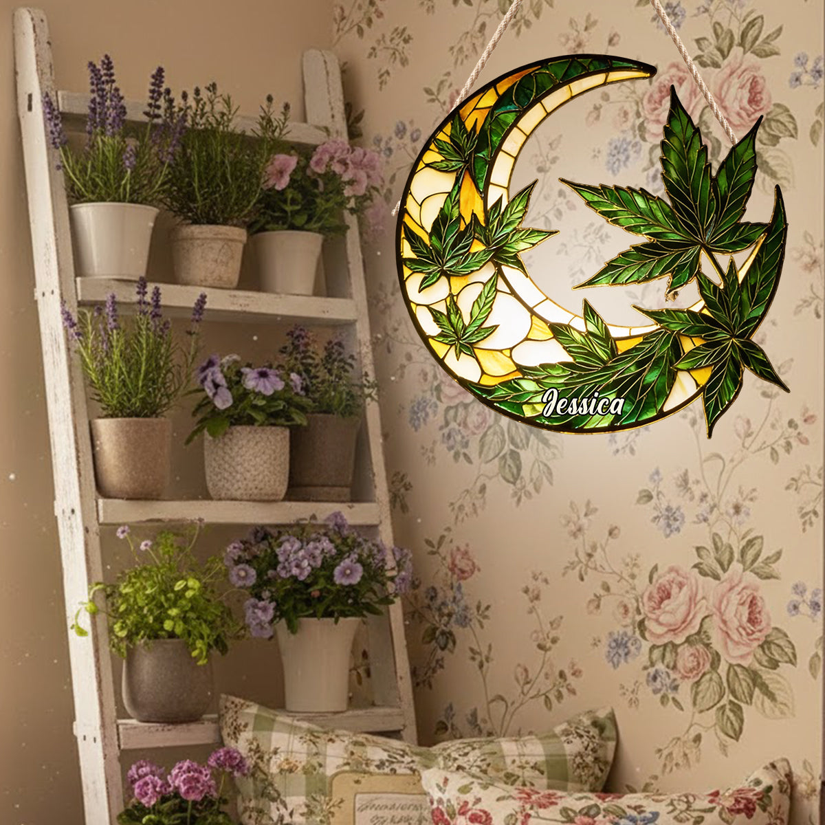 Panneau lumineux LED personnalisé « Lune et feuilles » en acrylique
