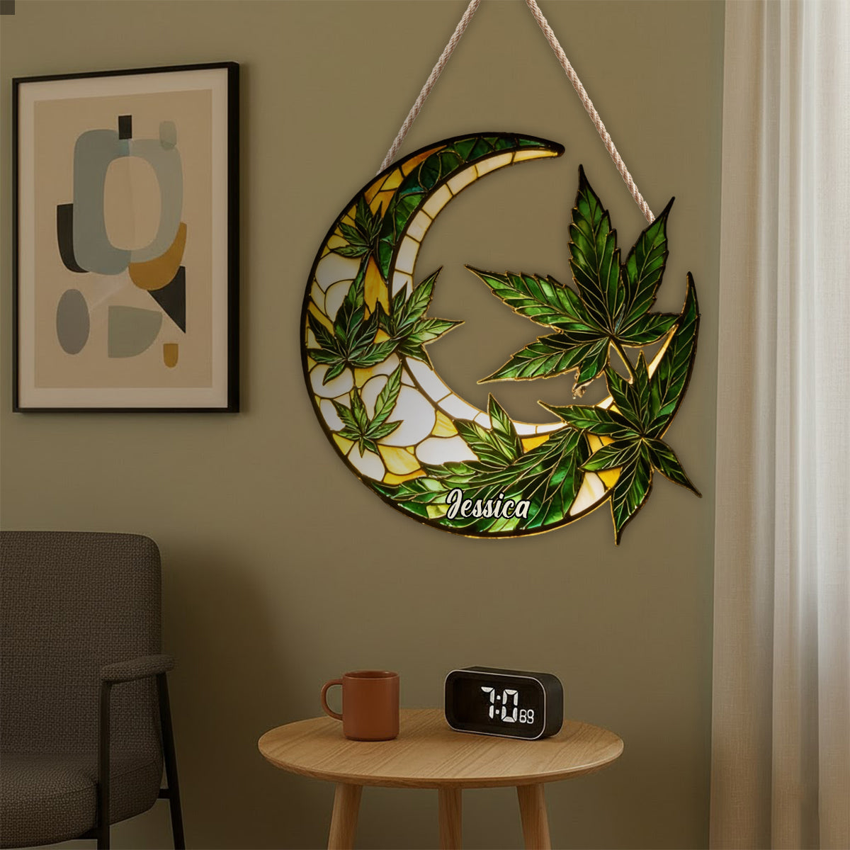 Panneau lumineux LED personnalisé « Lune et feuilles » en acrylique