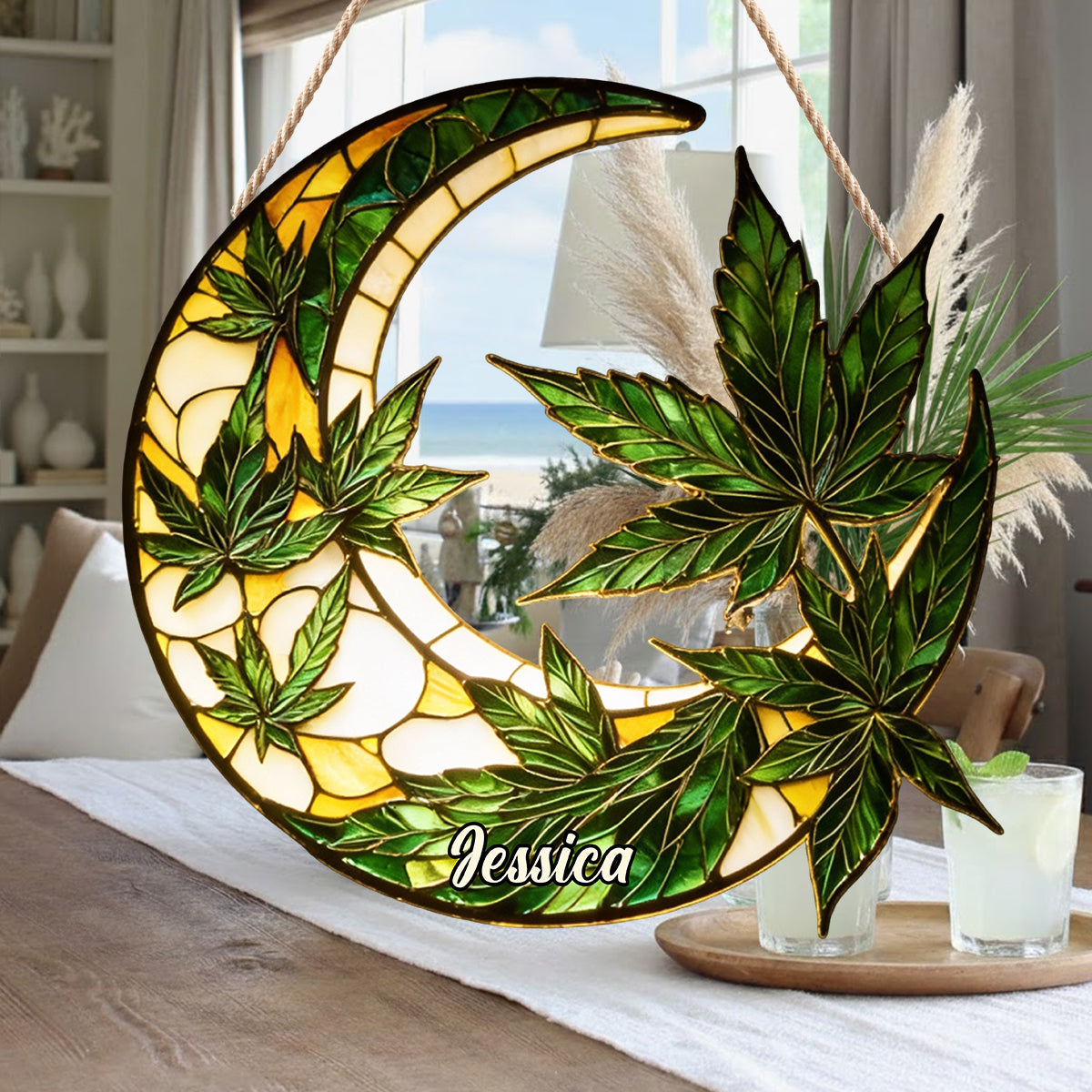 Panneau lumineux LED personnalisé « Lune et feuilles » en acrylique