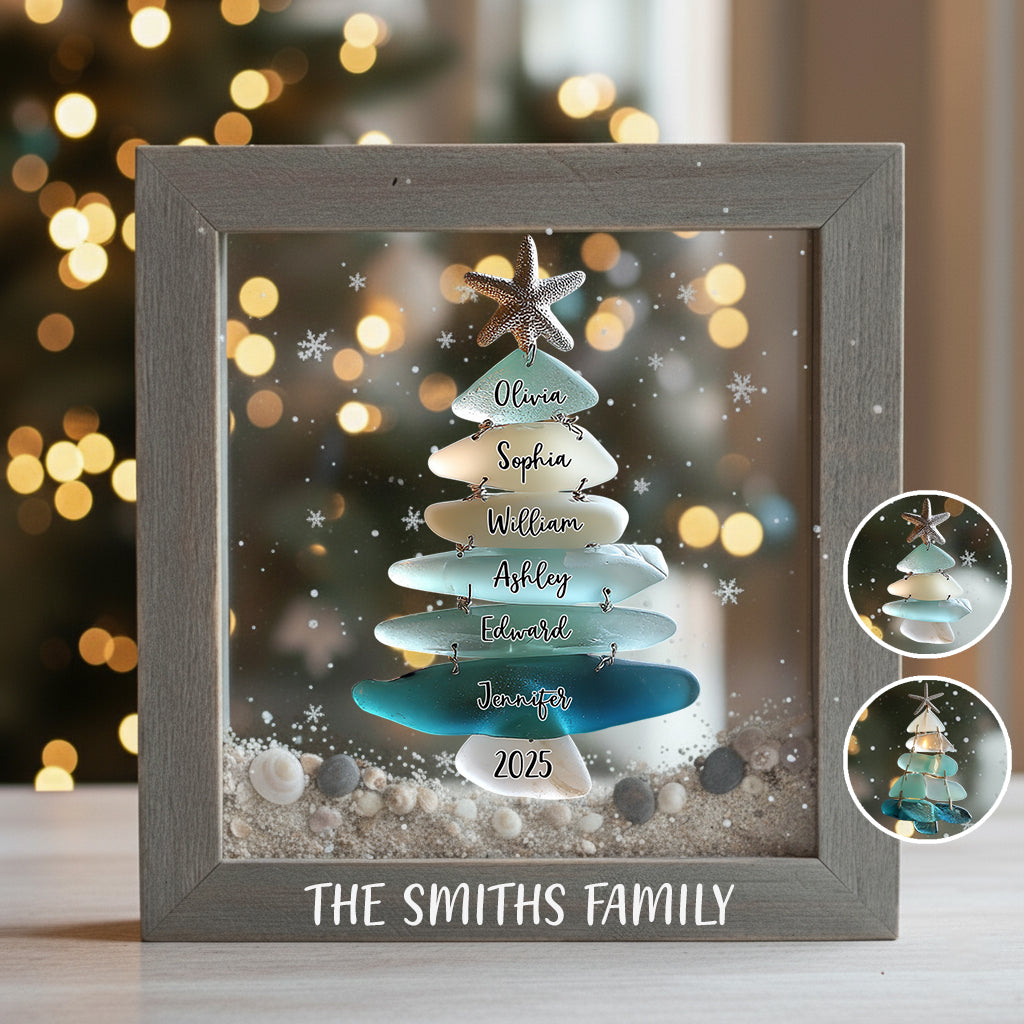 Sapin de Noël familial en verre de mer - Plaque acrylique personnalisée en forme de famille