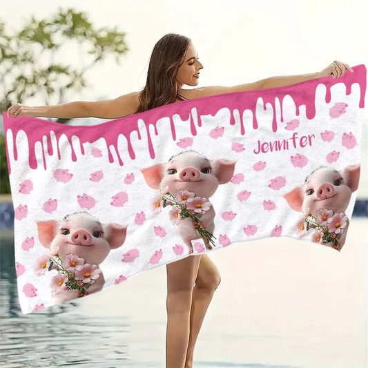 Serviette de plage/de bain à séchage rapide « Cochon mignon » personnalisée pour les amoureux des cochons