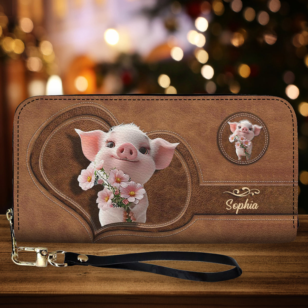 Portefeuille long en cuir personnalisé pour amoureux des cochons - Mignon Cochon