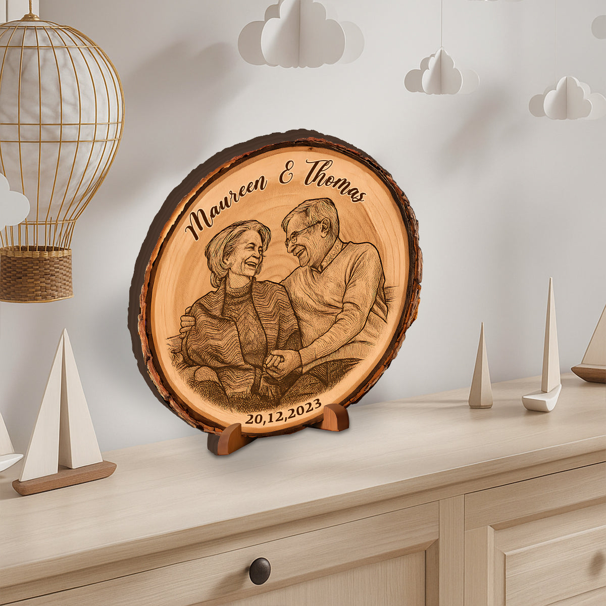 Photo personnalisée sur bois à bords d'écorce - Plaque en bois personnalisée pour couple