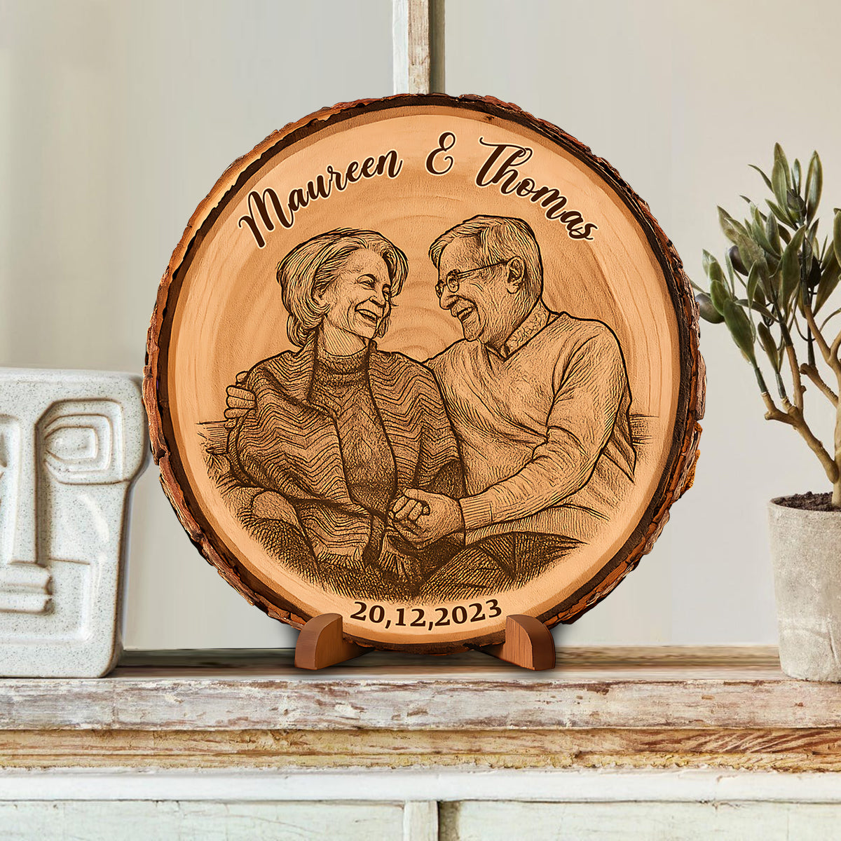 Photo personnalisée sur bois à bords d'écorce - Plaque en bois personnalisée pour couple