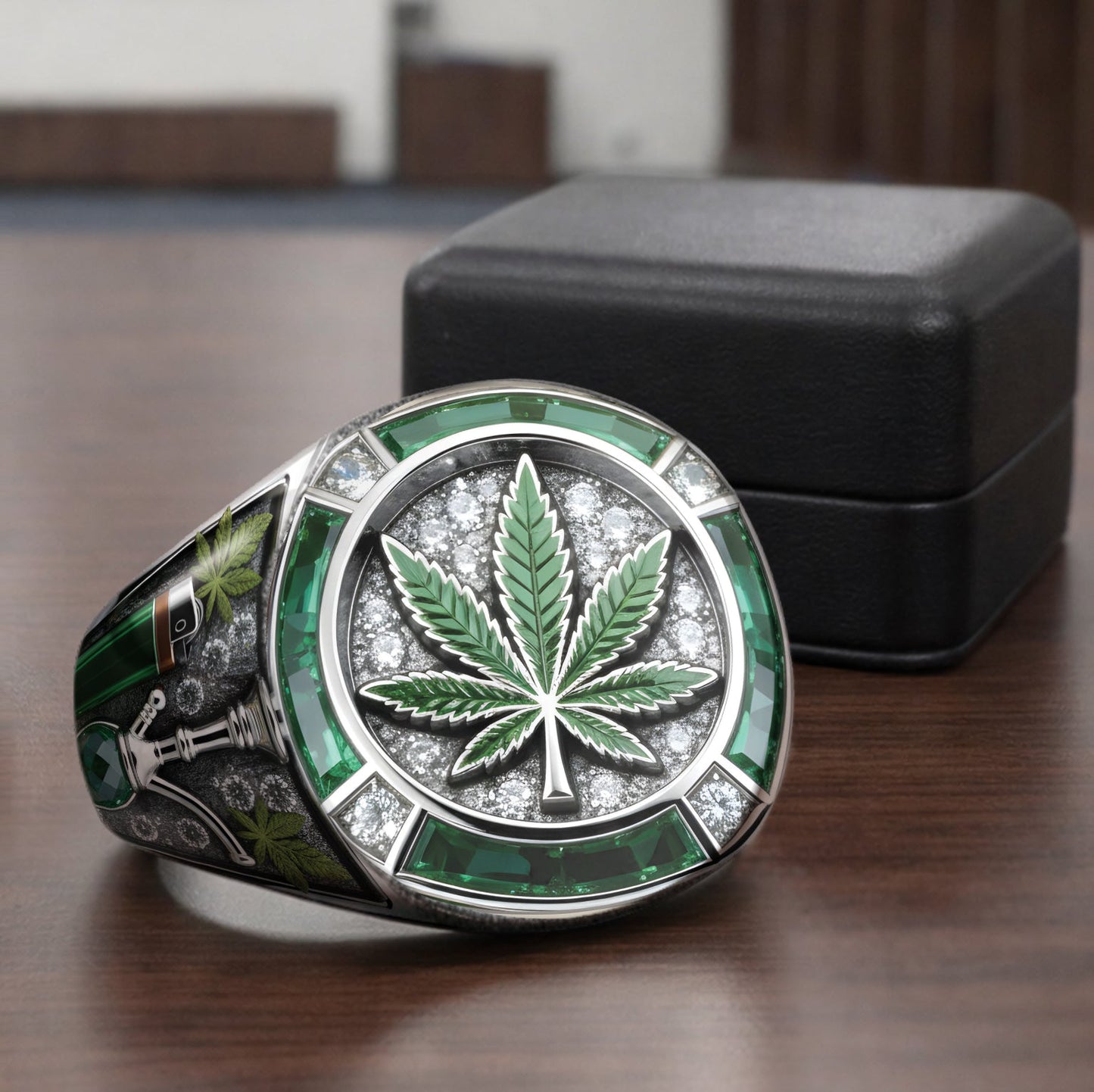 Bague chevalière personnalisée Green Magic Leaf - Cannabis