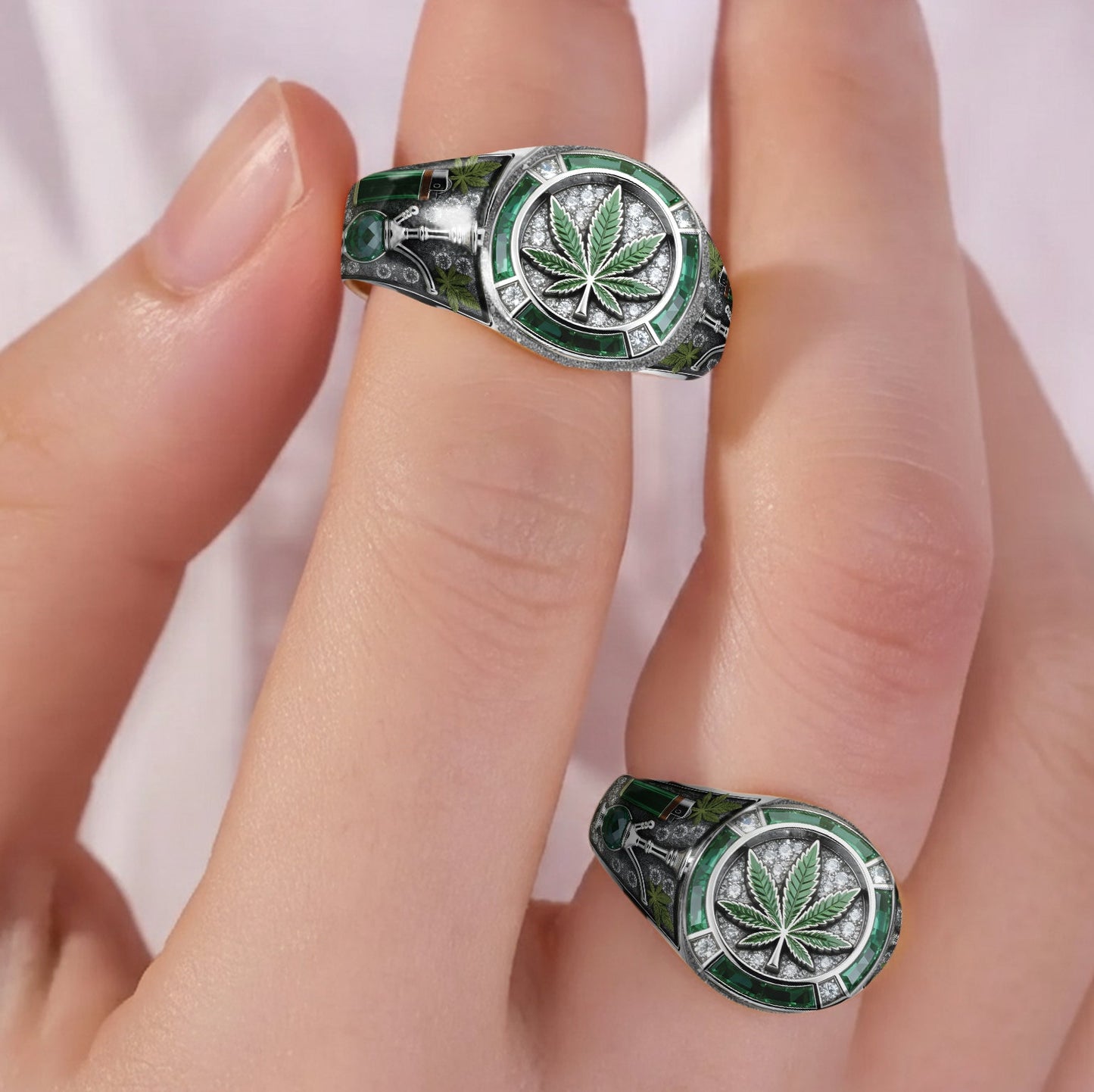 Bague chevalière personnalisée Green Magic Leaf - Cannabis