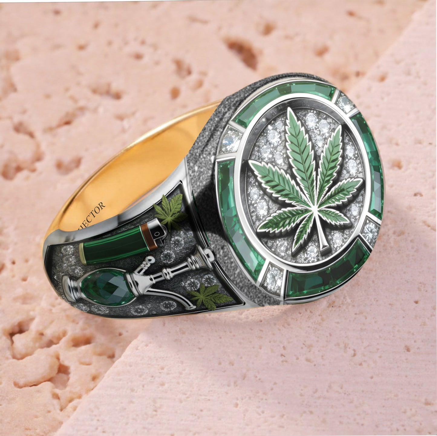 Bague chevalière personnalisée Green Magic Leaf - Cannabis