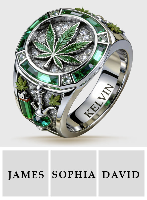 Bague chevalière personnalisée Green Magic Leaf - Cannabis