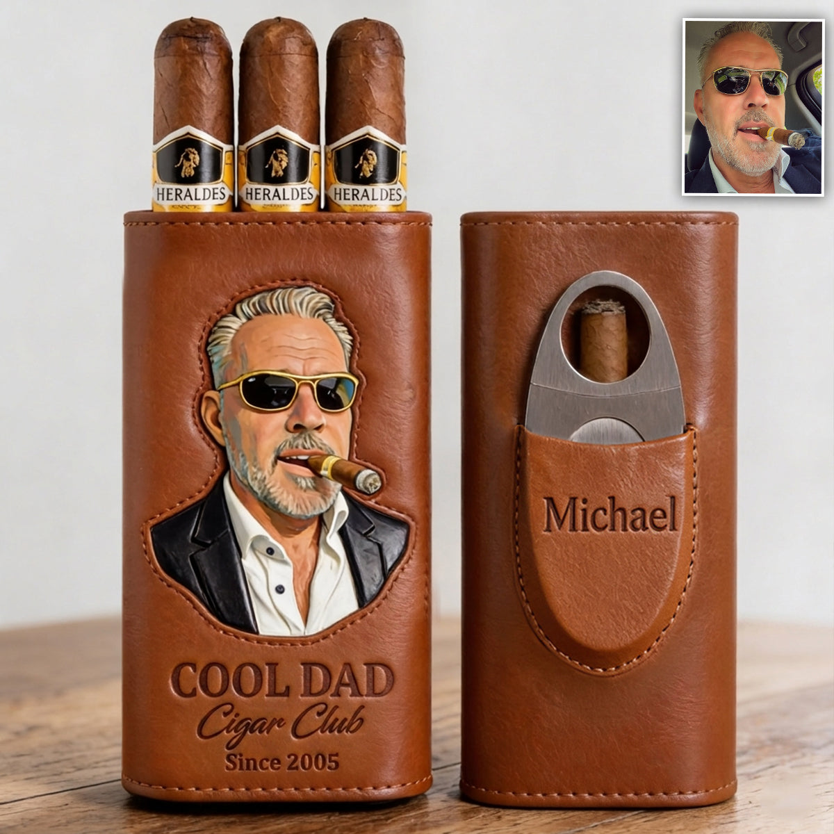 Papa Aime les Cigares - Étui à Cigares en Cuir Personnalisé