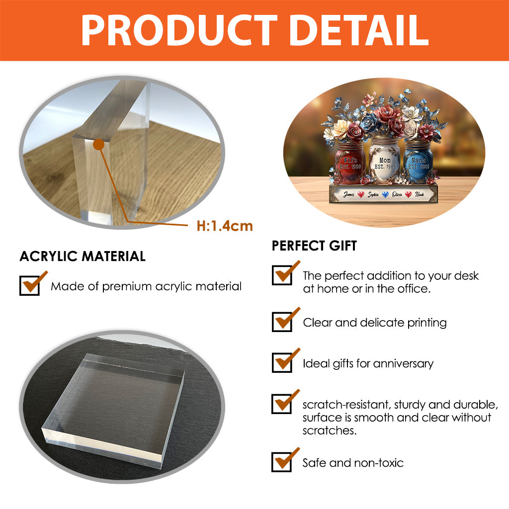 Pot à fleurs « Épouse, Maman, Grand-mère » - Plaque acrylique personnalisée « Mère »