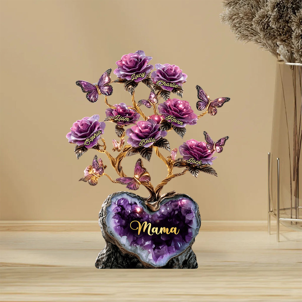 Roseraie style améthyste - Cadeau pour maman/grand-mère/épouse... - Plaque acrylique personnalisée en forme de rosier.