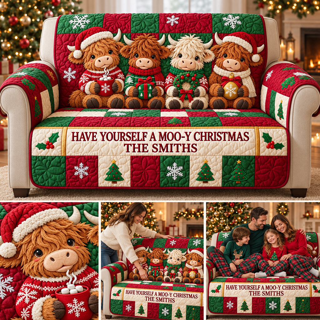 Moo-y Christmas - Personalized Highland Cow Quilted Sofa/Couch Cover
