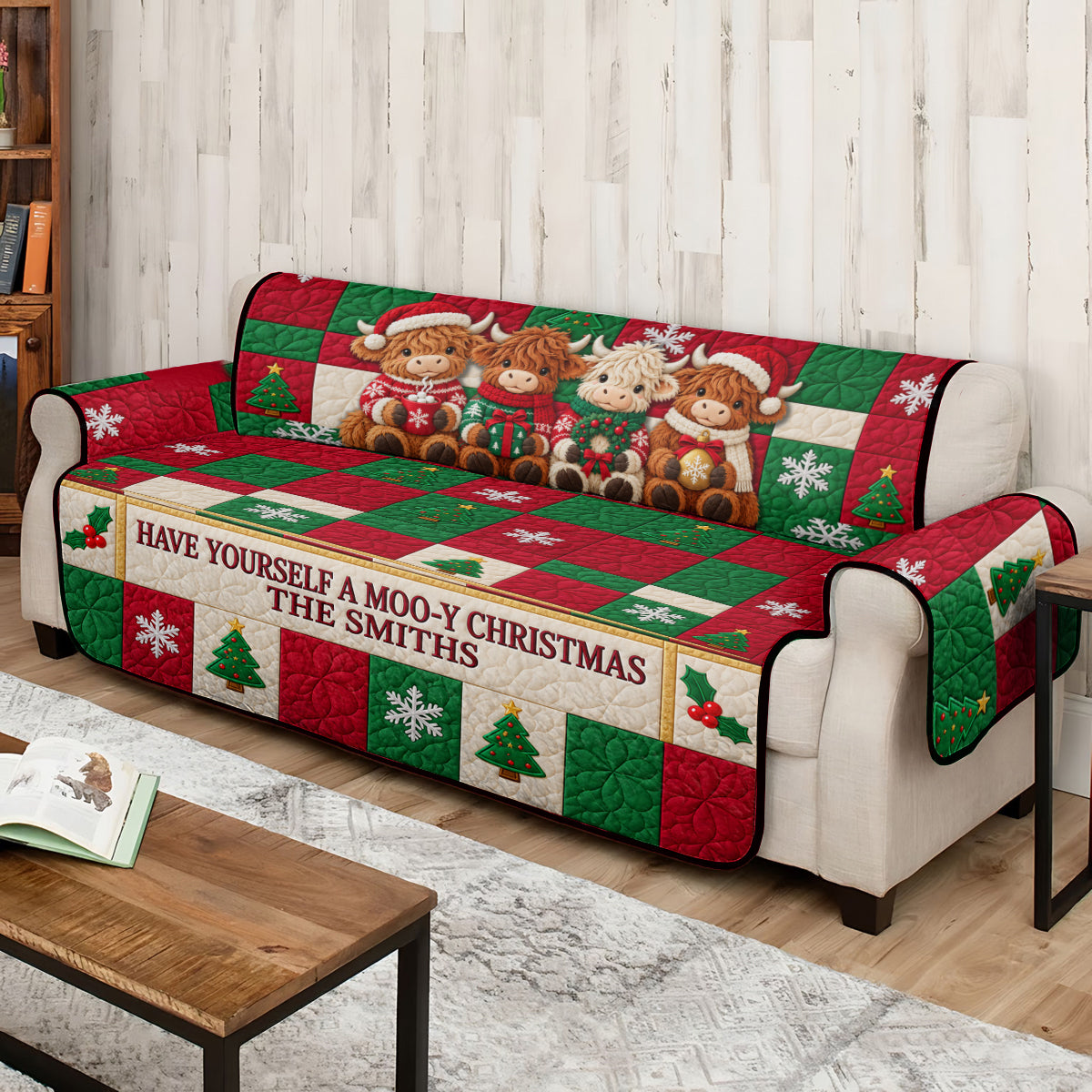 Moo-y Christmas - Personalized Highland Cow Quilted Sofa/Couch Cover