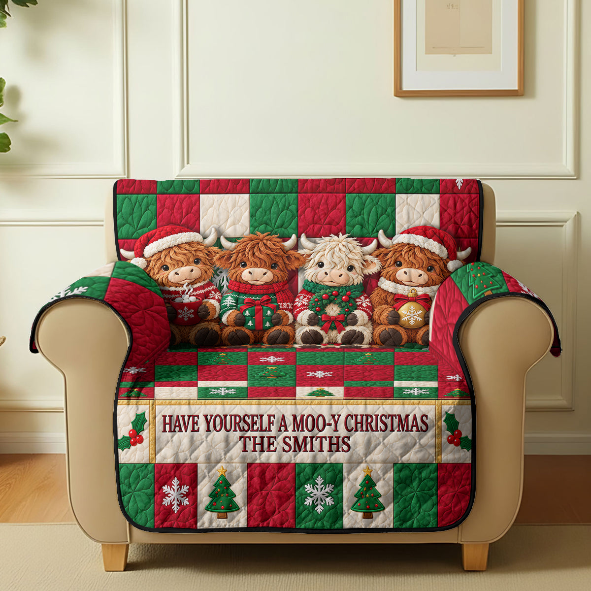 Moo-y Christmas - Personalized Highland Cow Quilted Sofa/Couch Cover