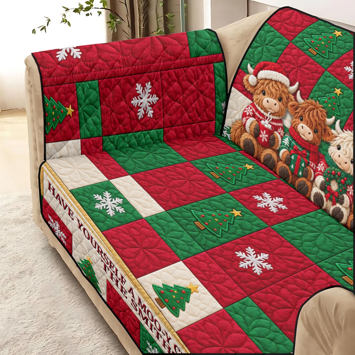 Moo-y Christmas - Personalized Highland Cow Quilted Sofa/Couch Cover
