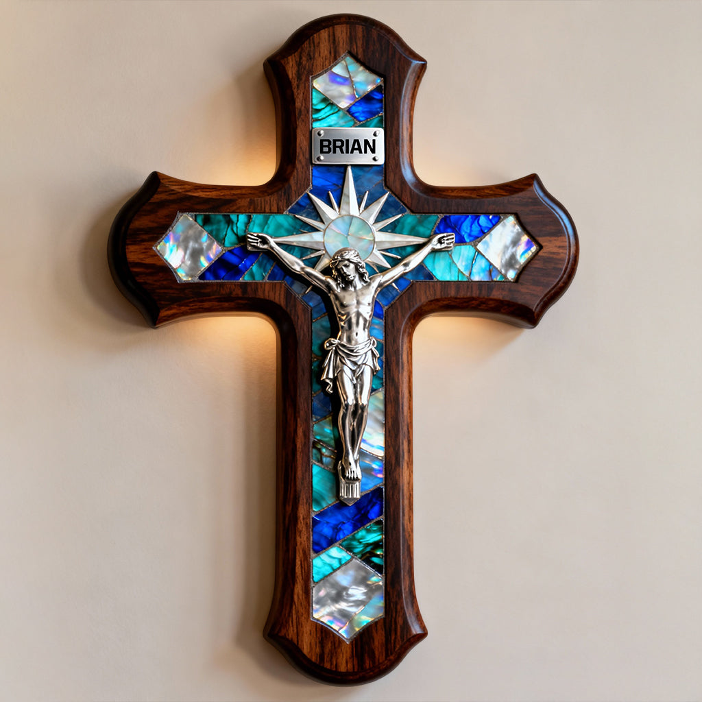Croix en nacre - Panneau chrétien personnalisé en bois de forme unique