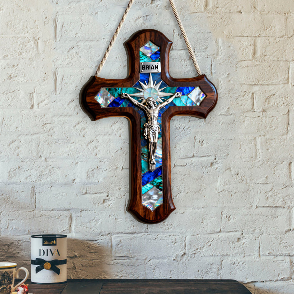 Croix en nacre - Panneau chrétien personnalisé en bois de forme unique