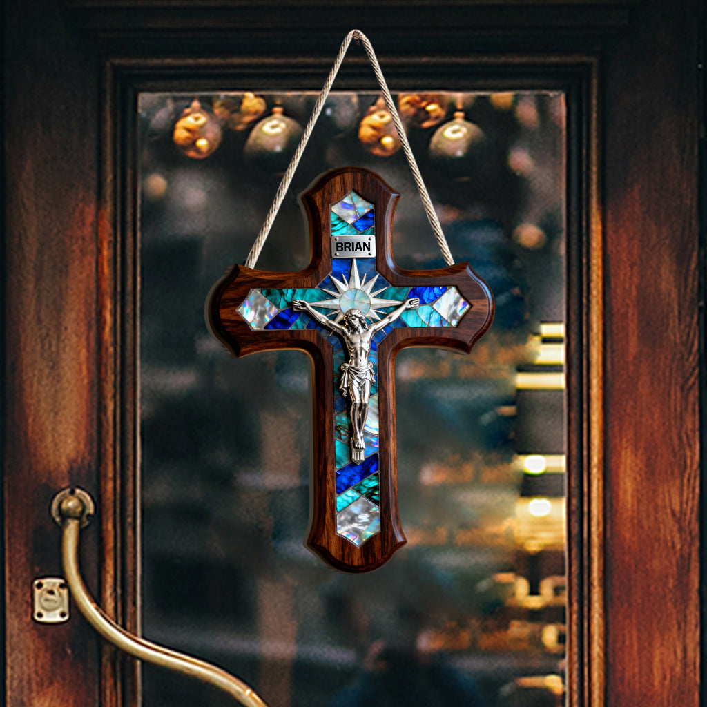 Croix en nacre - Panneau chrétien personnalisé en bois de forme unique