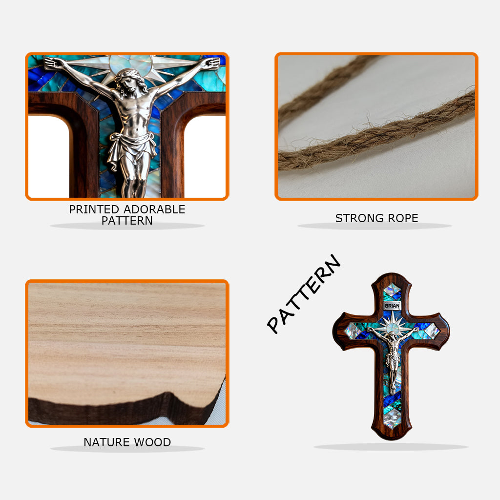 Croix en nacre - Panneau chrétien personnalisé en bois de forme unique