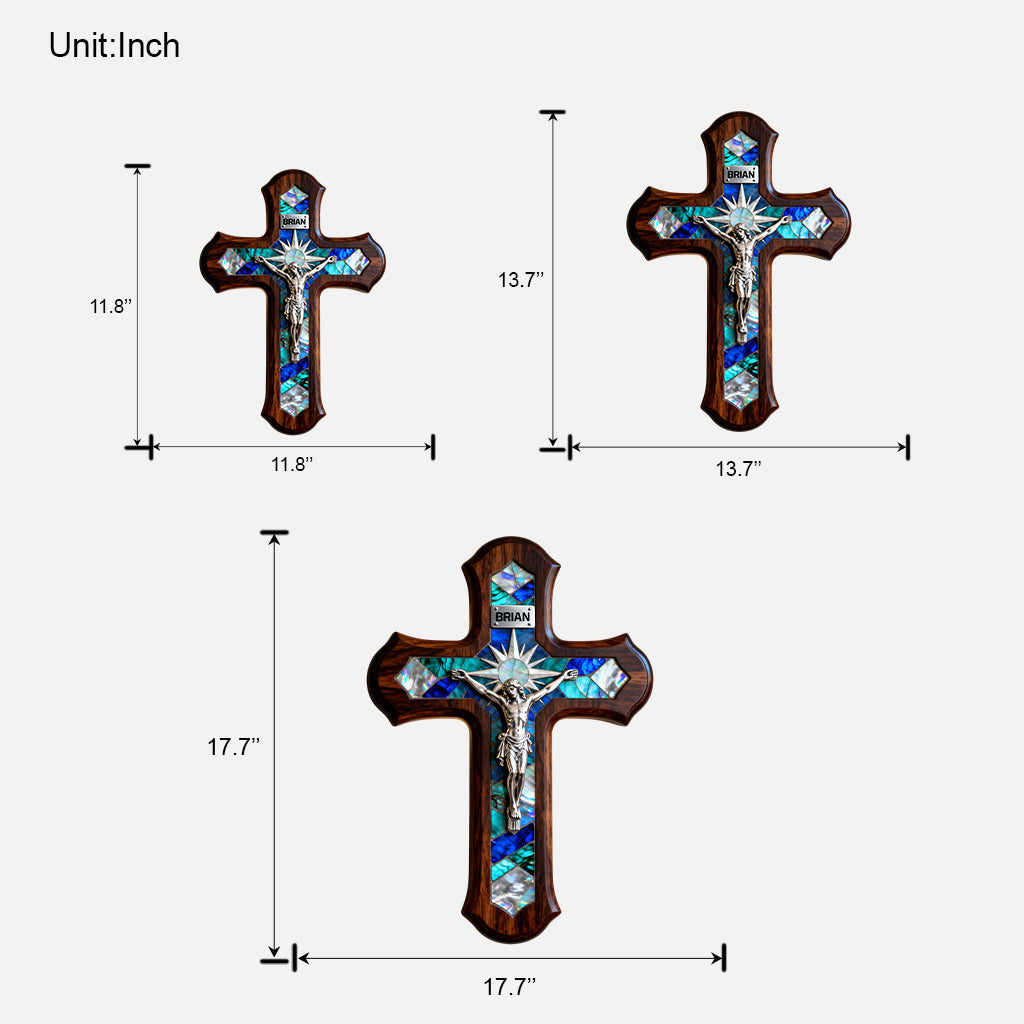 Croix en nacre - Panneau chrétien personnalisé en bois de forme unique