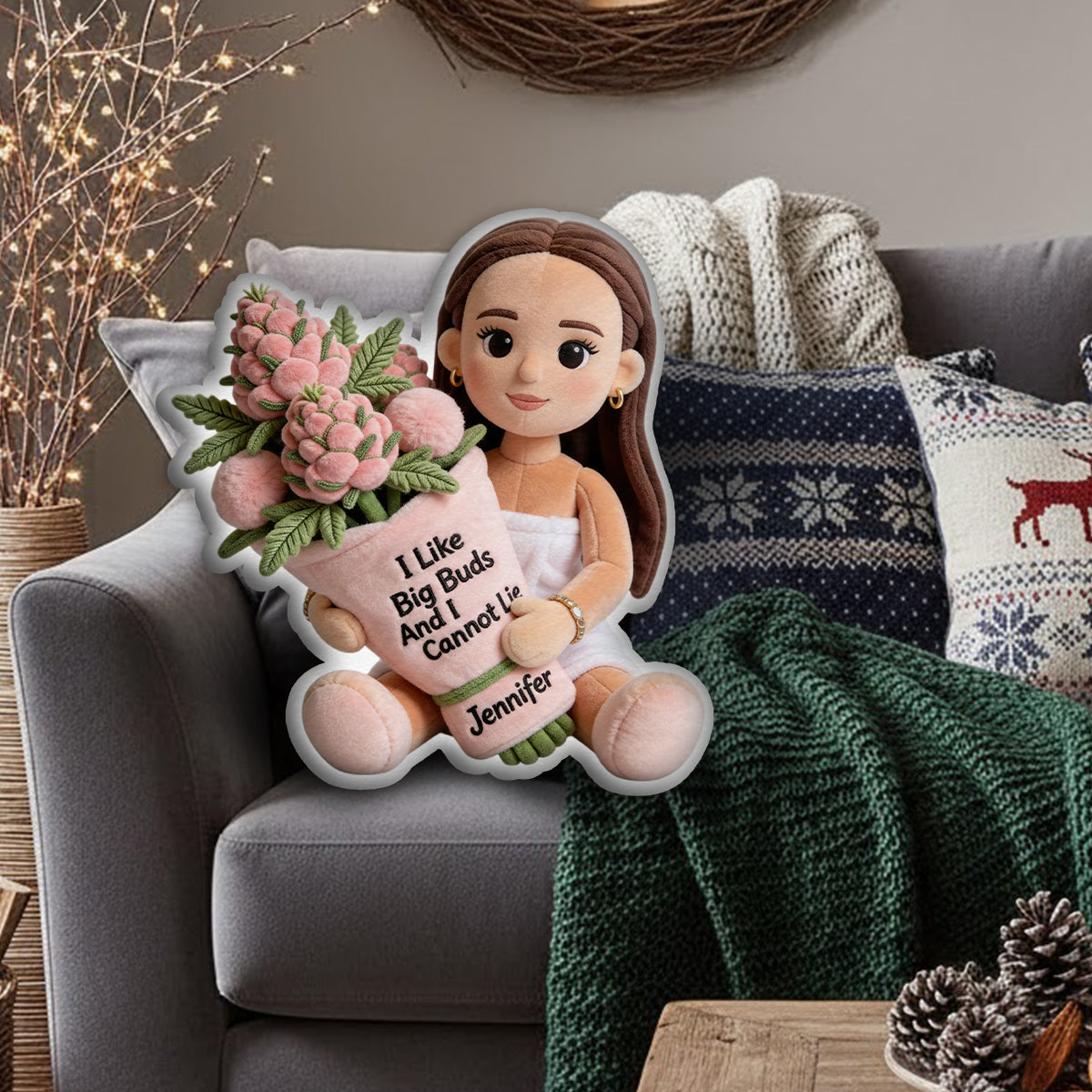 Coussin en fausse fourrure en forme de cannabis - Motif « mauvaise herbe » personnalisé