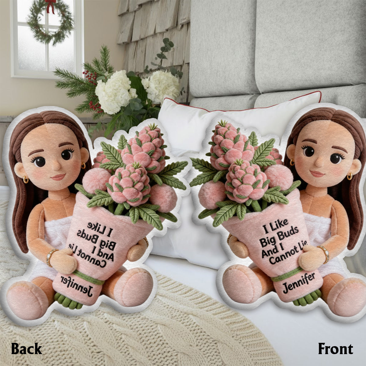 Coussin en fausse fourrure en forme de cannabis - Motif « mauvaise herbe » personnalisé