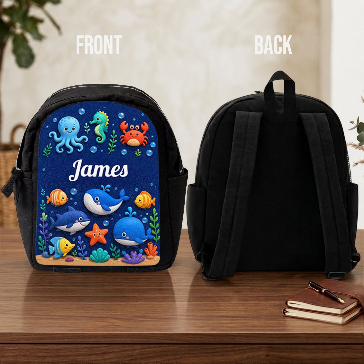 Ocean Life, Back To School Gift - Personalized Kid Changeable Leather Patch Backpack