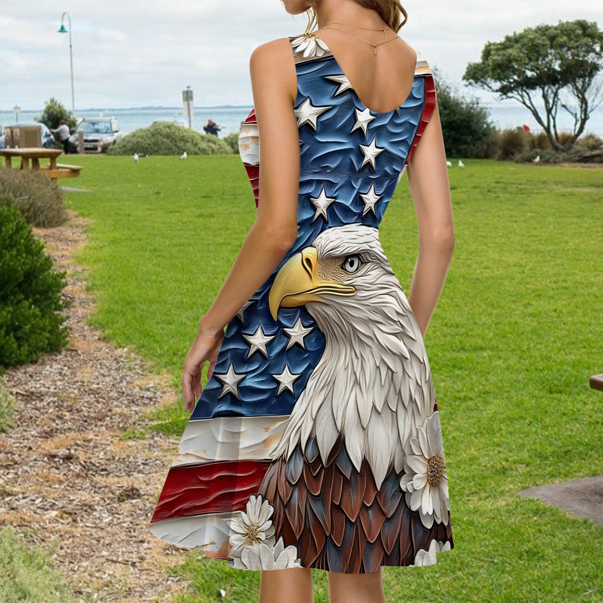 Que Dieu bénisse l'Amérique - Robe sans manches personnalisée avec aigle à tête blanche