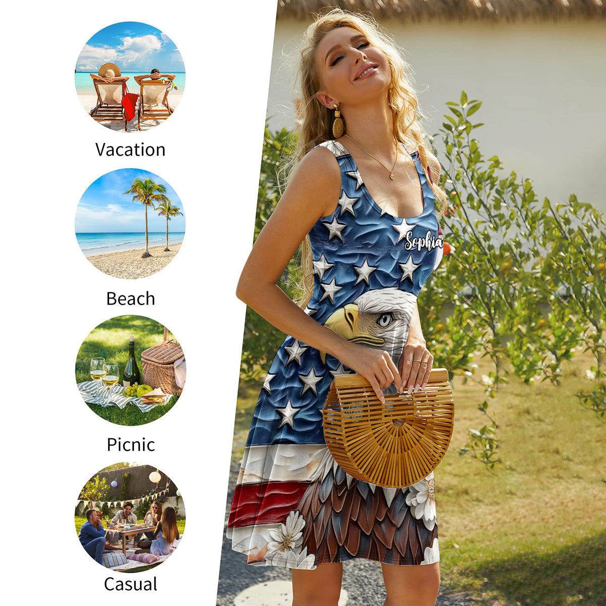 Que Dieu bénisse l'Amérique - Robe sans manches personnalisée avec aigle à tête blanche