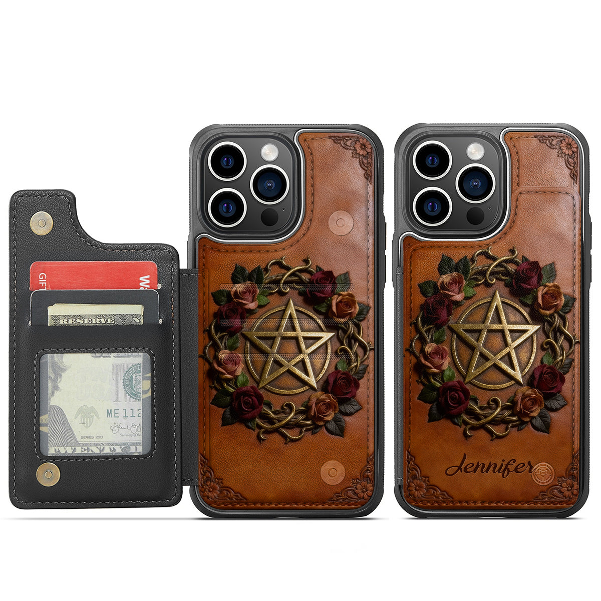 Étui portefeuille pour téléphone personnalisé avec symbole magique et sorcière, entièrement imprimé