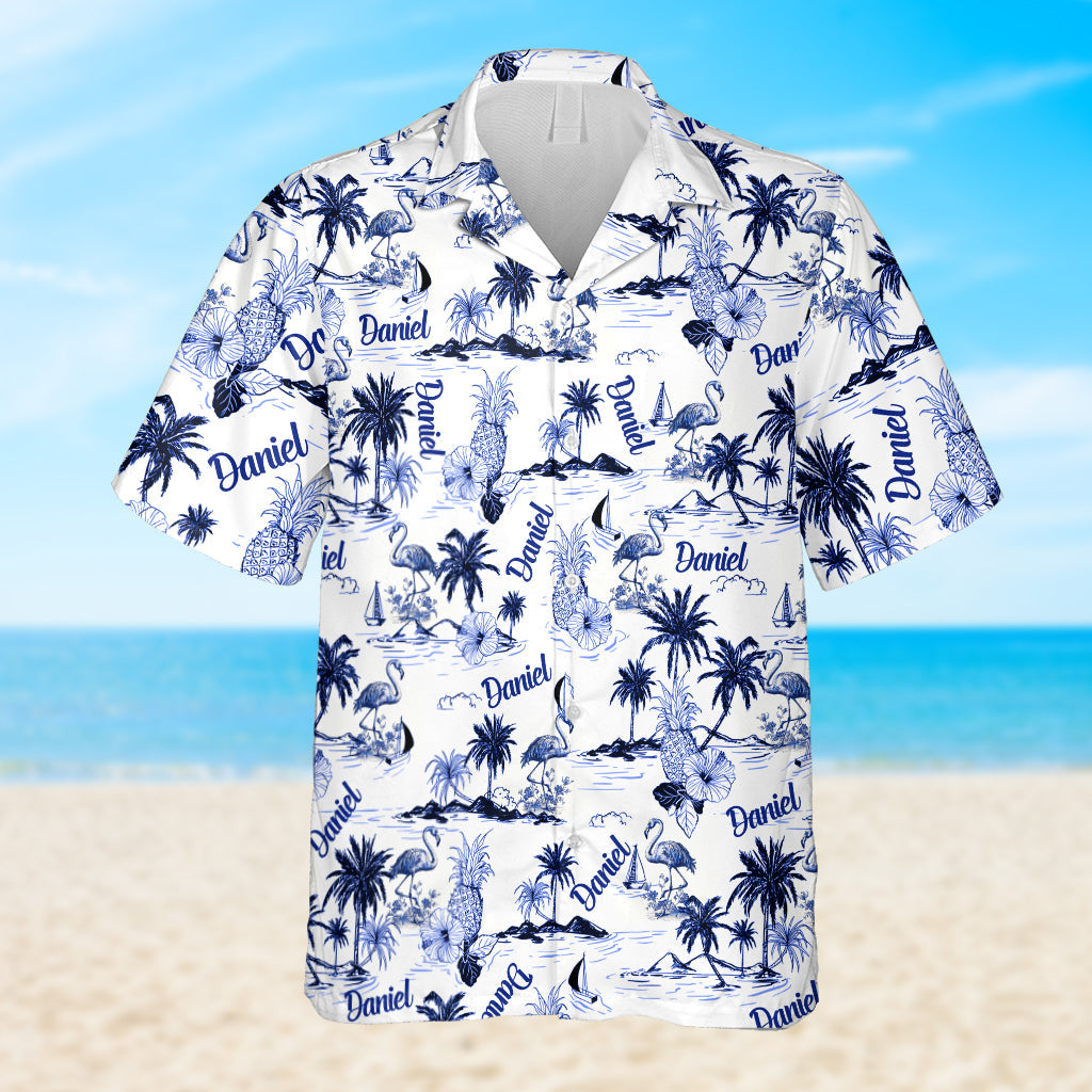 Chemise hawaïenne personnalisée à motif toile de Jouy flamant rose tropical - Chemise hawaïenne flamant rose