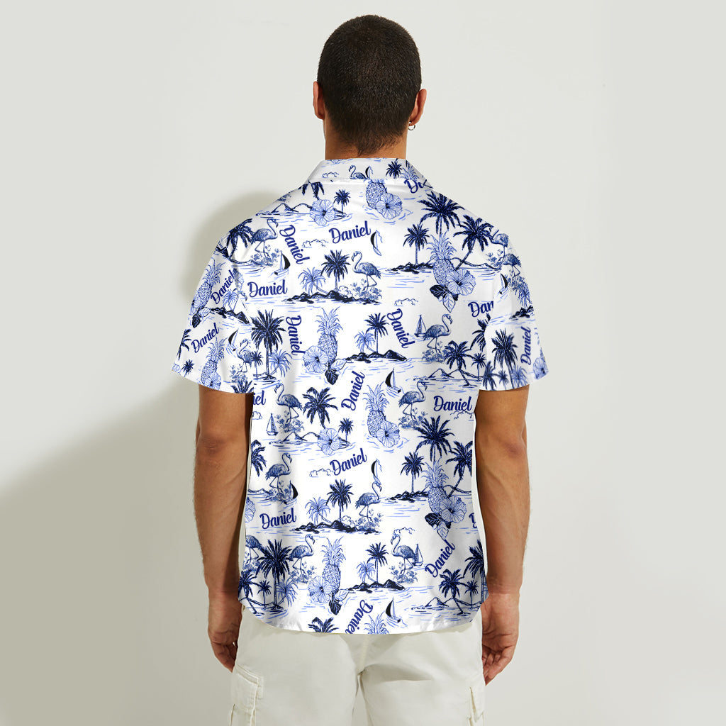 Chemise hawaïenne personnalisée à motif toile de Jouy flamant rose tropical - Chemise hawaïenne flamant rose