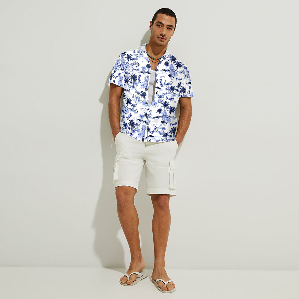 Chemise hawaïenne personnalisée à motif toile de Jouy flamant rose tropical - Chemise hawaïenne flamant rose